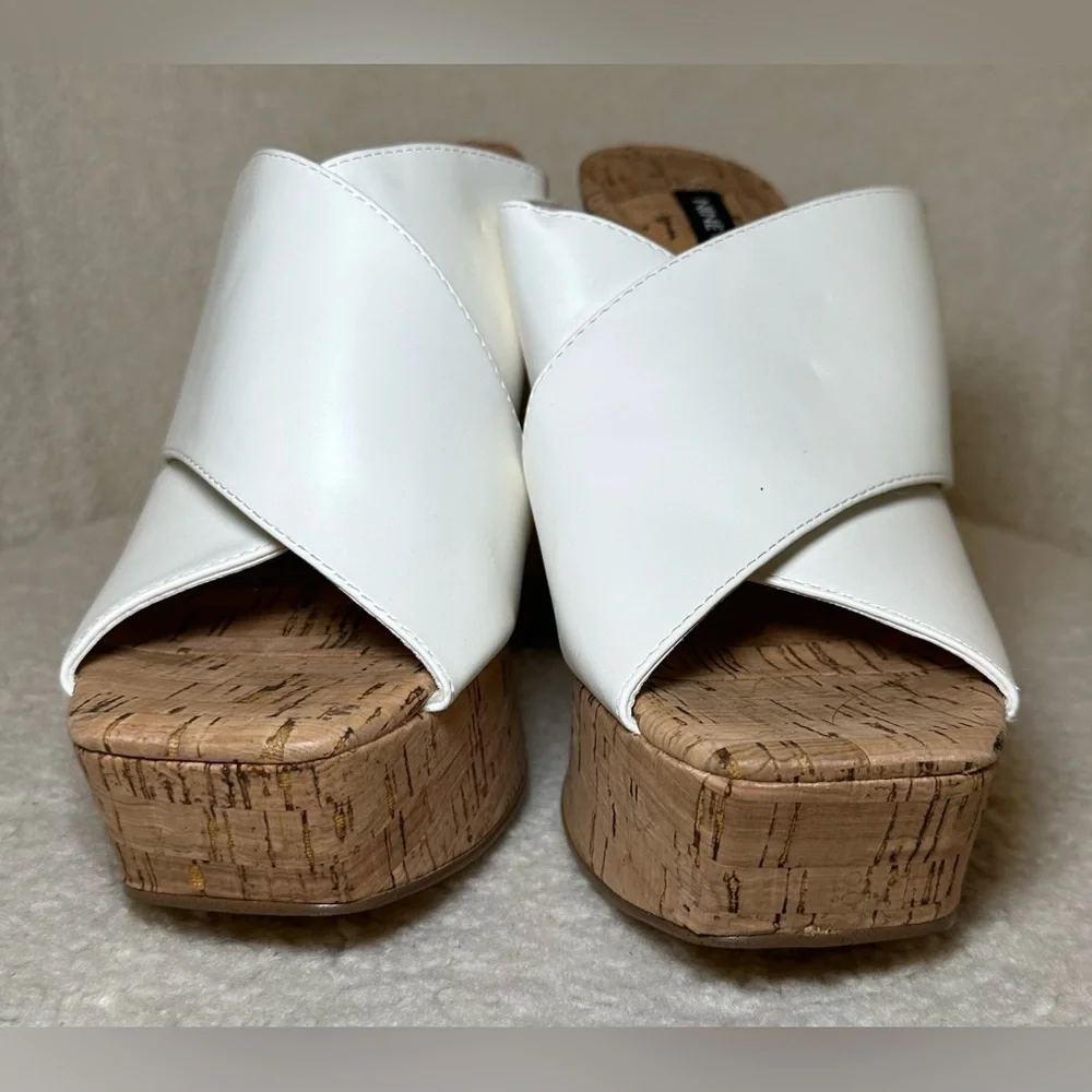NWOT NINE WEST white‎ straps cork high heels platforms curved chunky summer 7.5
